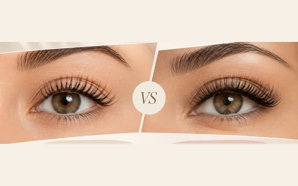 Lash lift vs lash extensions comparison showing a natural lifted lash on the left and fuller lash extensions on the right, by Soul & Self Wellness and Beauty