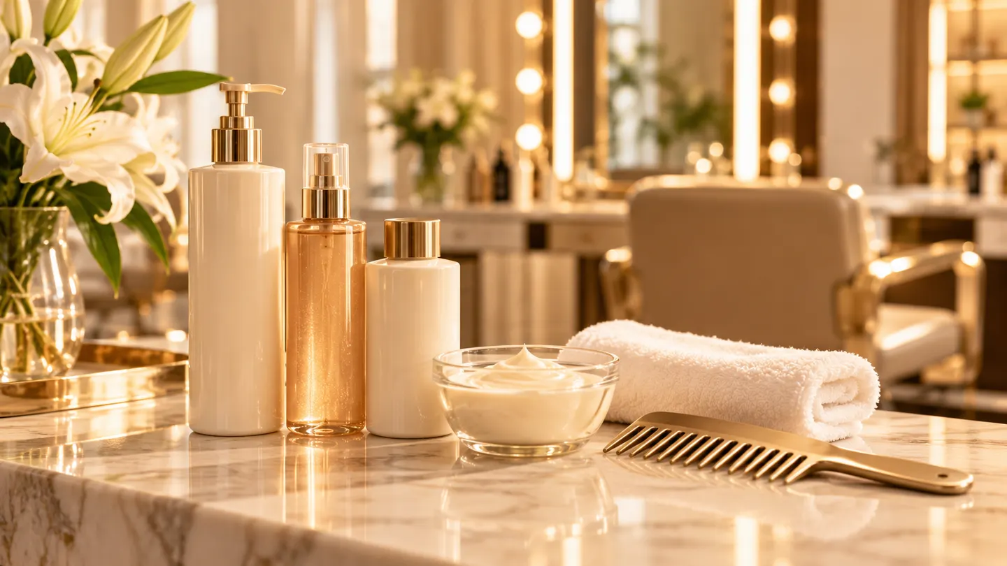 Hair treatment products on a marble counter at Soul & Self salon in Al Nahyan, Abu Dhabi