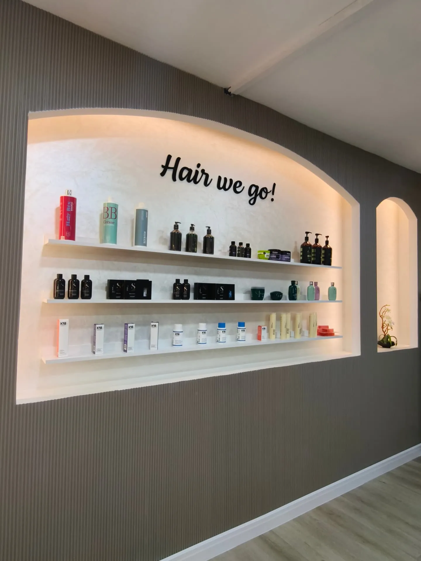 Hair we go! — the lit styling station and haircare product wall at Soul & Self hair salon in Al Nahyan, Abu Dhabi