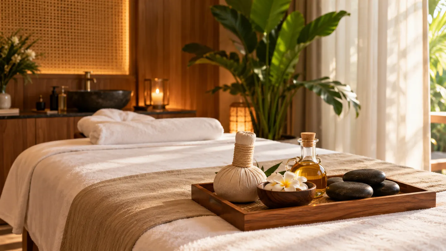 A calm massage room at Soul & Self in Al Nahyan, with a Thai herbal compress, oil and hot stones